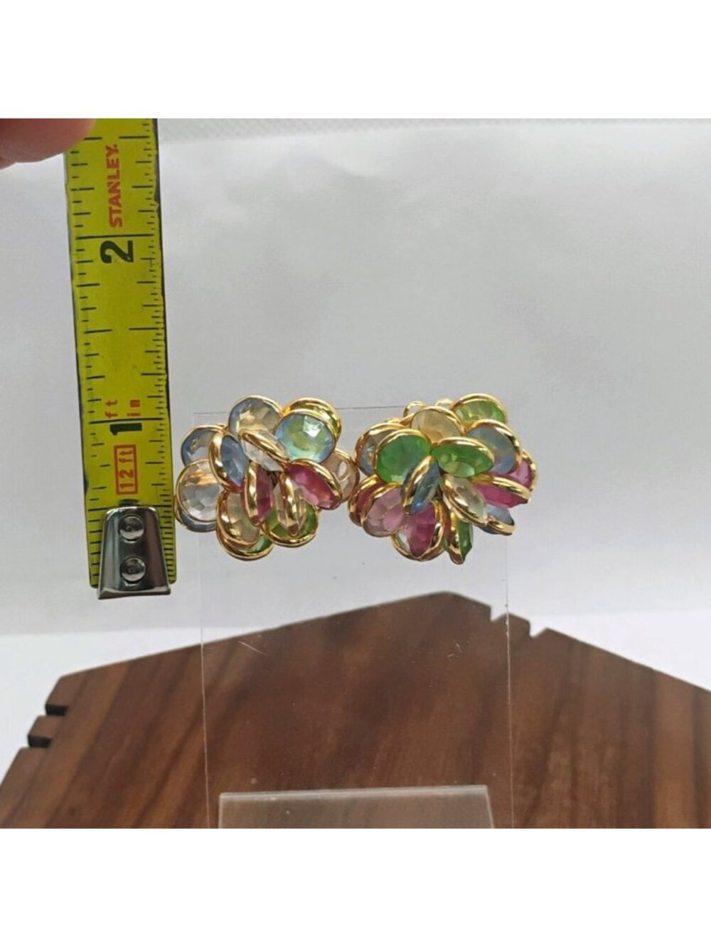 Vtg Bezel Set Crystal Cluster Earrings Gold Tone Pierced Pastel Colors - Picture 9 of 9